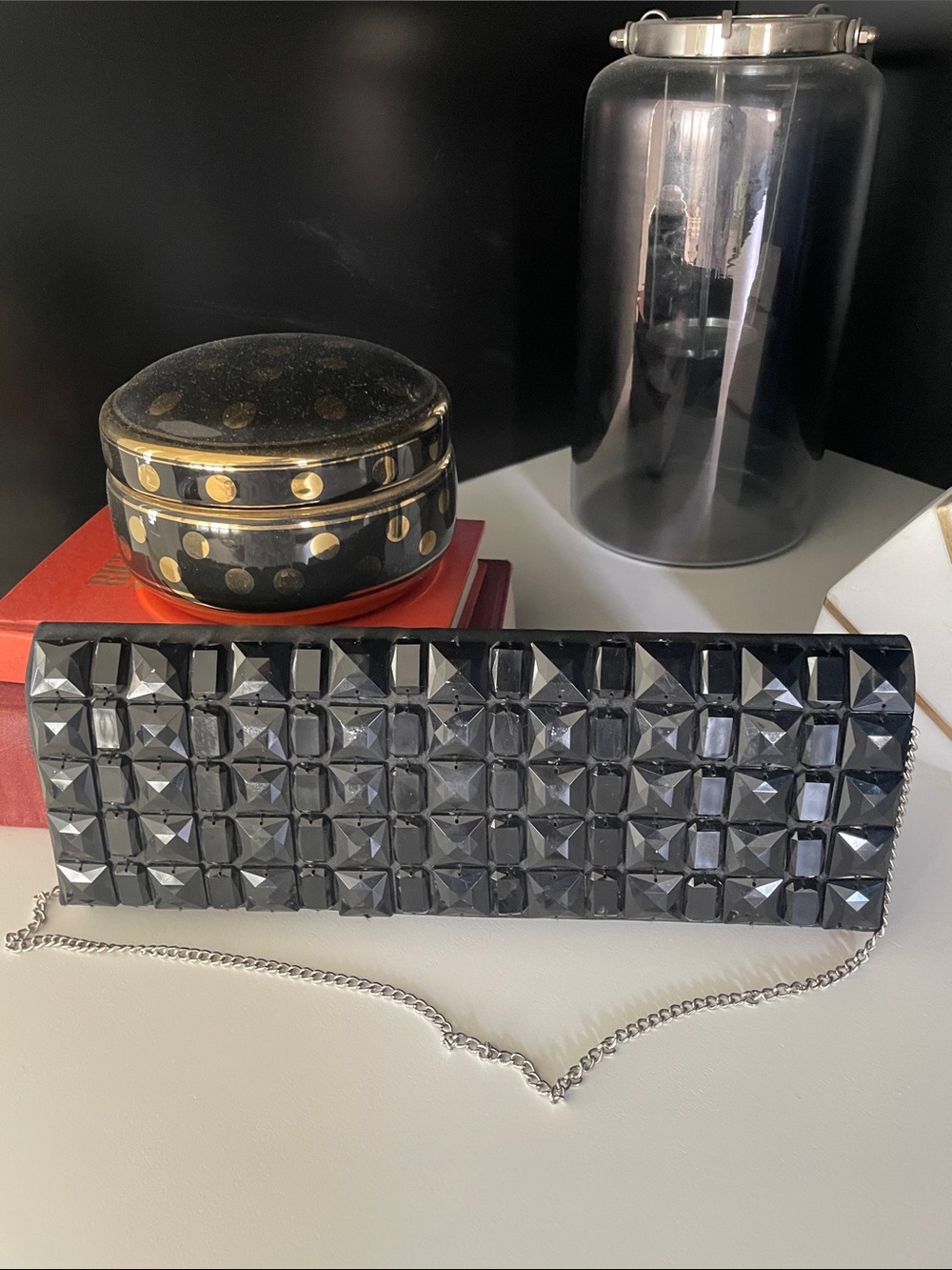 Black Gem-Studded Evening Clutch with Silver Chain